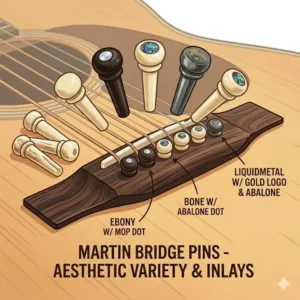 Various styles of martin bridge pins featuring decorative pearl and abalone shell inlays.