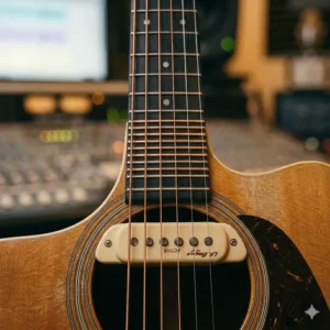 A scientific chart illustrating the balanced frequency response output of the best sound hole pickups for recording studio.