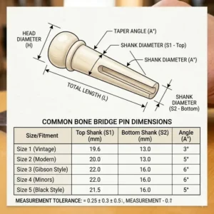 Detailed measurement chart showing various sizes and tapers for bone bridge pins.