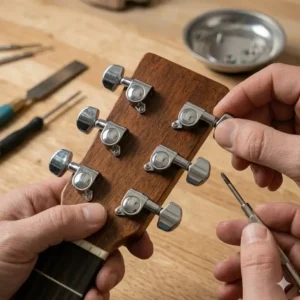 A technician installing a new set of sealed gear acoustic pegs in a workshop.