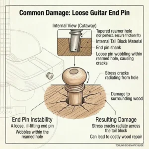 Close-up view of stress cracks caused by loose or ill-fitting guitar end pins.