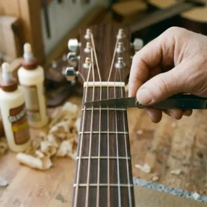 Using a feeler gauge to check precision during an acoustic nut replacement.