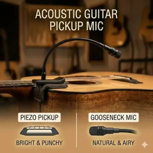 An external gooseneck style acoustic guitar pickup mic attached to the body.