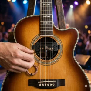 A guitarist playing live using the best soundhole pickup for feedback resistance.