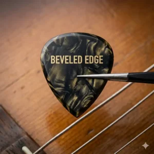 A macro shot of a beveled edge design on one of the best guitar picks for electric guitar.