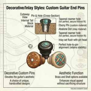 Custom decorative styles and inlay designs for high-end guitar end pins.
