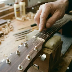 Filing the string grooves to the perfect depth in an acoustic nut replacement job.