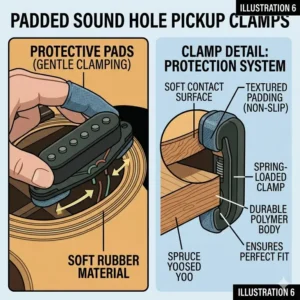 Close-up illustration of the protective padded clamps on a modern sound hole pickup.