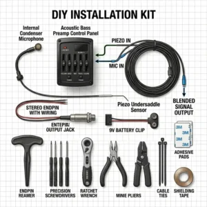 Illustration 6: A complete DIY installation kit for an acoustic bass pickup including wiring and endpin jack.