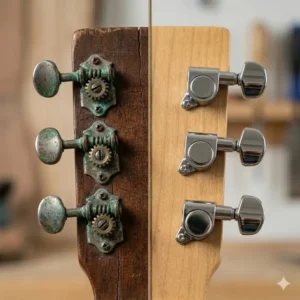 Side-by-side view of old rusted and new replacement acoustic pegs.