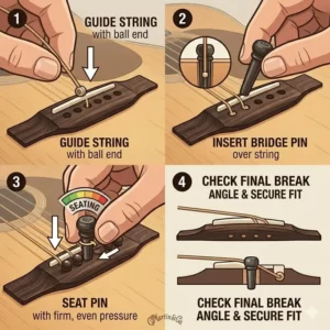 An educational graphic showing the difference between worn out and new martin bridge pins.