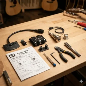 A complete DIY kit for the installation of a new acoustic guitar pickup mic.