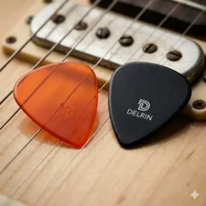 A side-by-side comparison of nylon and delrin, two popular materials for the best guitar picks for electric guitar.