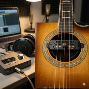 An acoustic guitar plugged into an audio interface using the best soundhole pickup for home recording.