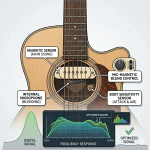 A visual signal flow diagram showing the best sound hole pickups for recording studio connected to a preamp and audio interface.