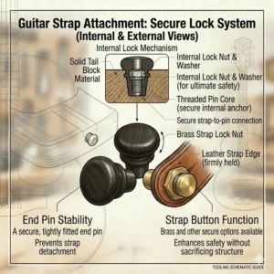 A leather instrument strap securely attached to the metal guitar end pins.