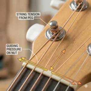 Illustration showing how acoustic pegs maintain string pressure over the nut.