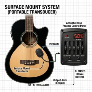 Illustration 7: A portable surface-mount contact transducer acoustic bass pickup attached to the soundboard.