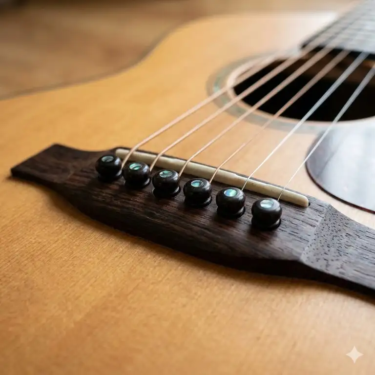 A professional set of premium ebony guitar bridge pins with abalone inlays installed on an acoustic guitar.