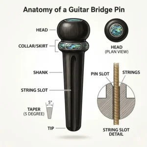Detailed technical diagram showing the head, shank, and slot anatomy of guitar bridge pins.