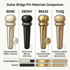 Side-by-side material comparison of bone, plastic, brass, and TUSQ guitar bridge pins for acoustic guitars.