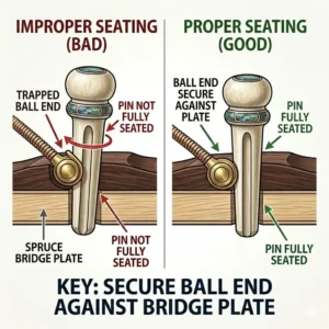 Cross-section illustration showing the correct way to seat the string ball-end against guitar bridge pins.