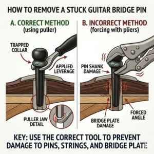 Step-by-step guide on how to safely use a puller tool to remove stuck guitar bridge pins without damage.