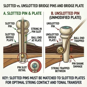 Visual comparison between slotted and unslotted guitar bridge pins and their respective bridge types.