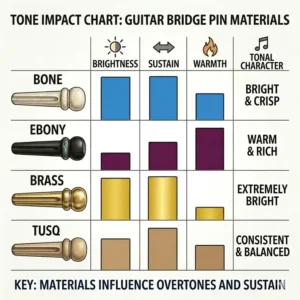 Tonal characteristics chart explaining how different materials of guitar bridge pins affect sustain and resonance.