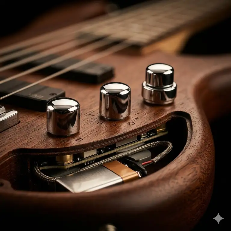 A premium wood-finish electric bass showing a professional bass guitar onboard preamp installation with chrome control knobs.