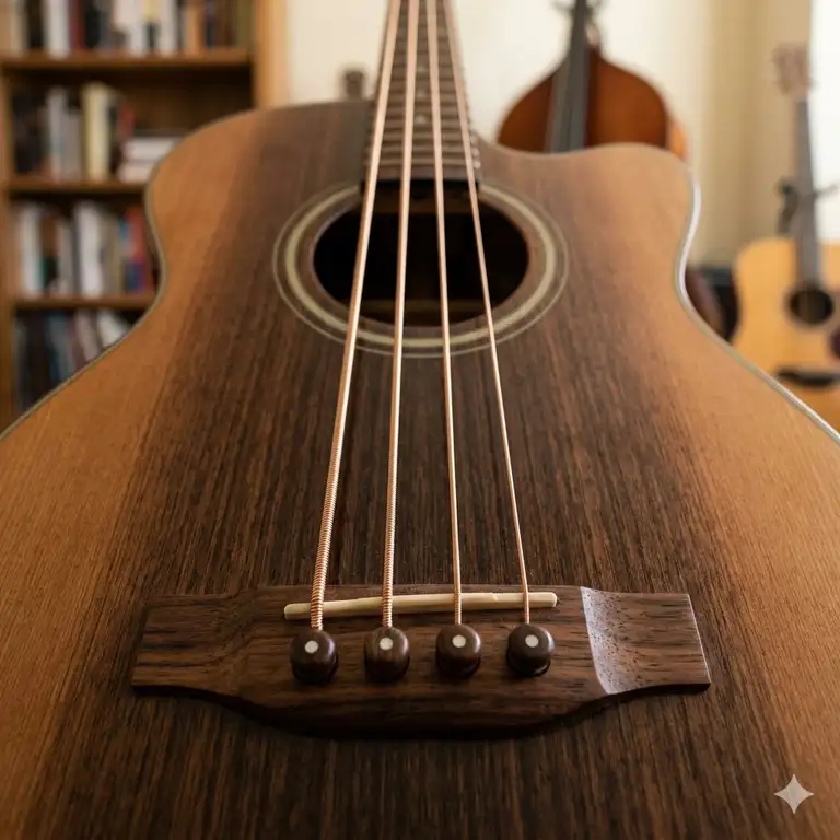 A professional close-up of high-quality acoustic bass strings installed on a wooden bridge.
