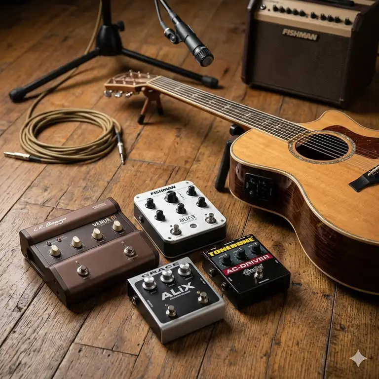 Featured Image: A professional setup showcasing the best acoustic guitar preamp pedals on a wooden floor next to a guitar.
