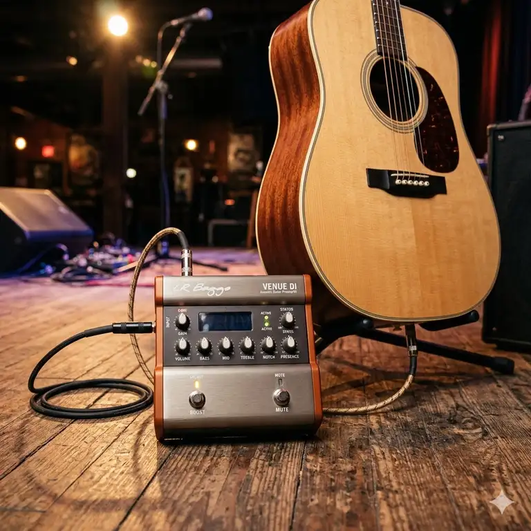 A high-quality external acoustic guitar preamp pedal placed on a wooden floor next to an acoustic-electric guitar.