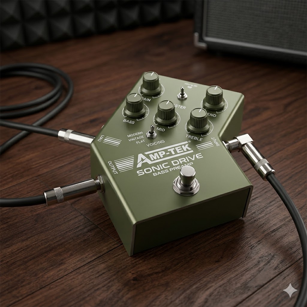 A professional outboard bass guitar preamp pedal sitting on a wooden studio floor next to a 1/4 inch instrument cable.