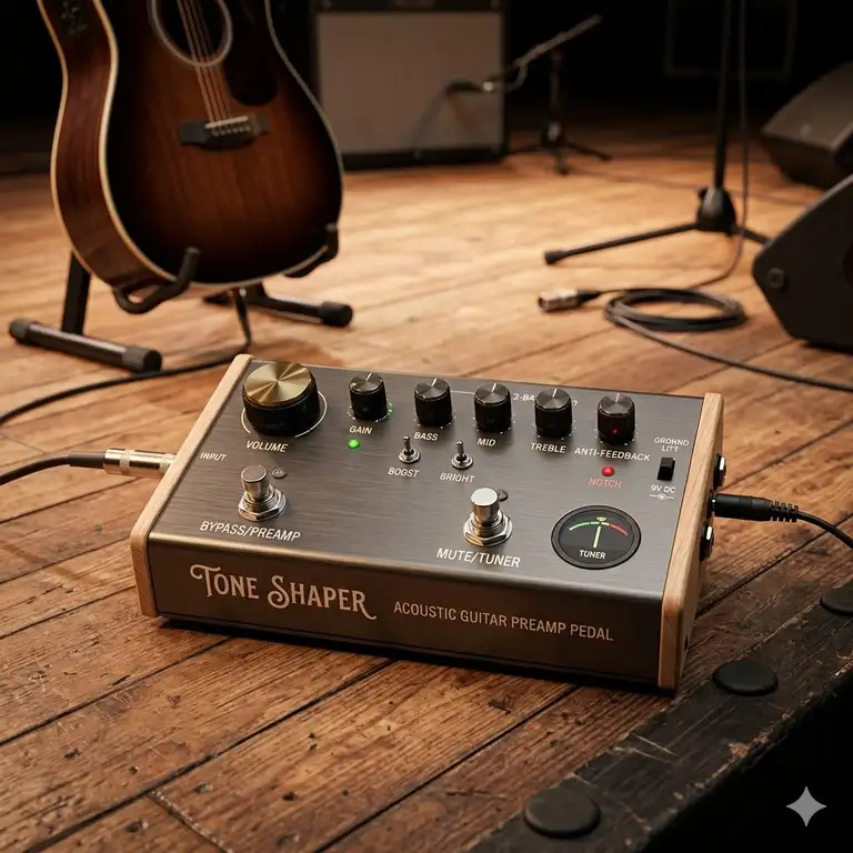 Featured Image: A professional studio shot of an acoustic guitar preamp pedal placed on a dark wooden stage floor.