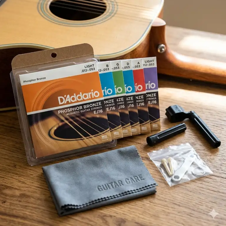 A premium acoustic guitar strings kit displayed on a wooden surface with a guitar, microfiber cloth, and string winder.