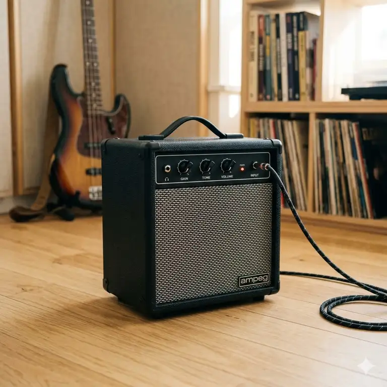 A professional home studio setup featuring a compact bass guitar practice amplifier on a wooden floor.
