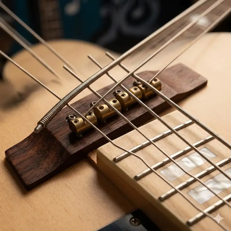 A close-up photograph of a four-string bass guitar headstock and fretboard, serving as a main visual guide for bass guitar strings and notes.