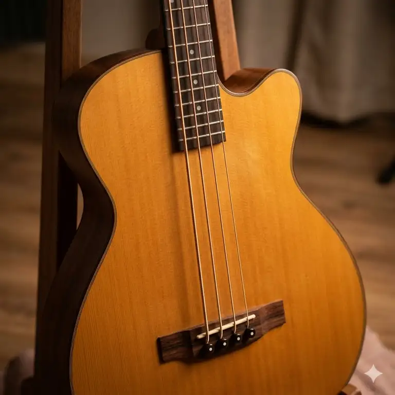 A professional close-up of a wood acoustic bass guitar showcasing the best acoustic bass strings for tone.