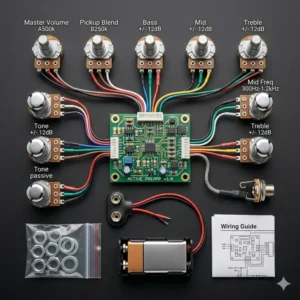 An overhead display of all internal parts included in a high-performance bass guitar onboard preamp kit.