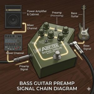 A digital illustration showing the signal path from a bass guitar into a bass guitar preamp pedal and then into a mixing console.