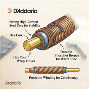 Detailed diagram of the hex core and bronze wrap wire components found in an acoustic guitar strings kit.