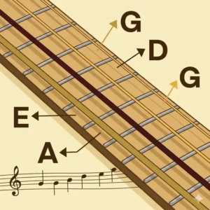 A clear diagram illustrating the four standard open bass guitar strings and notes (E, A, D, G).