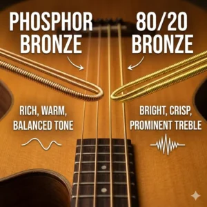 Comparison chart of Phosphor Bronze and 80/20 Bronze options to find the best acoustic bass strings.