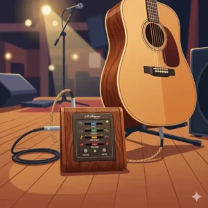 Close-up of an onboard acoustic guitar preamp system installed in the side of a guitar body showing EQ sliders.