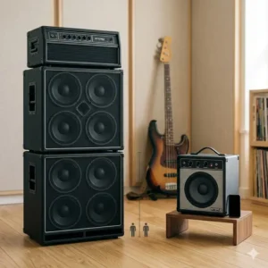 A size comparison between a large stage cabinet and a small bass guitar practice amplifier.