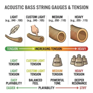An informative chart showing various gauges and tension levels for acoustic bass strings.