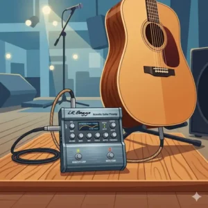 A professional floor-based acoustic guitar preamp pedal with XLR output and footswitches.