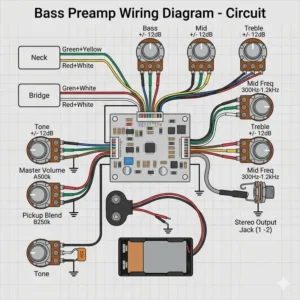 A detailed technical circuit schematic for the correct installation of a bass guitar onboard preamp.