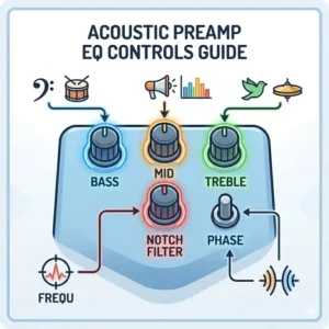 Illustration 2: Anatomy of the best acoustic guitar preamp highlighting EQ knobs, notch filters, and gain controls.